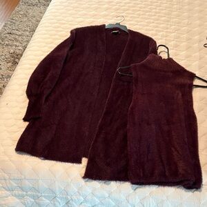 Express Plum Plush Cardigan with Matching Sleeveless Vest